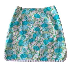 LILLY Pulitzer Aqua Green Floral White Daisy Trim Cotton Skirt Sz 4